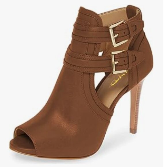 XYD Brown Peep Toe Ankle Bootie High Heels Buckled Double Straps Cutout Shoes - Picture 1 of 8
